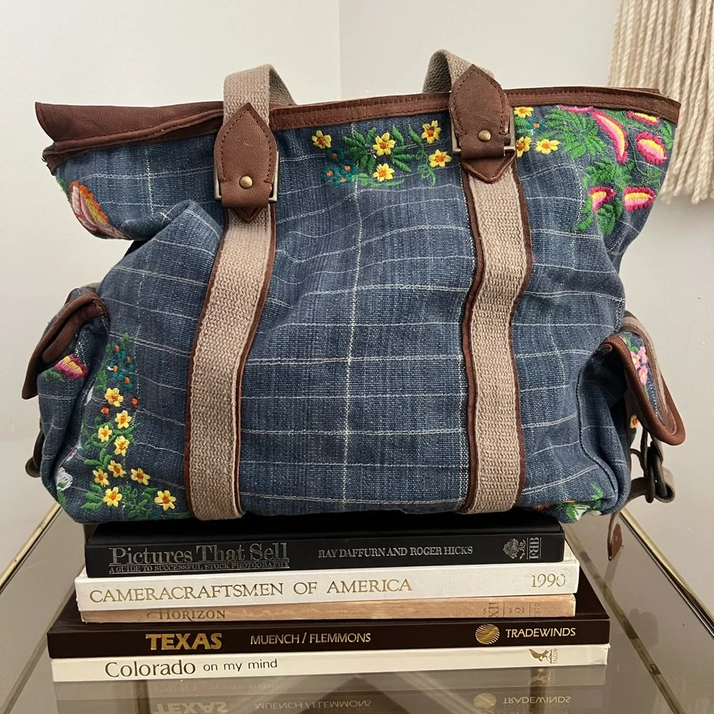 Free People Embroidered Blue Checkered Denim Women's Bag Spring Summer Festival - Picture 5 of 13